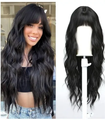 Long Curly Black Wig With Bangs